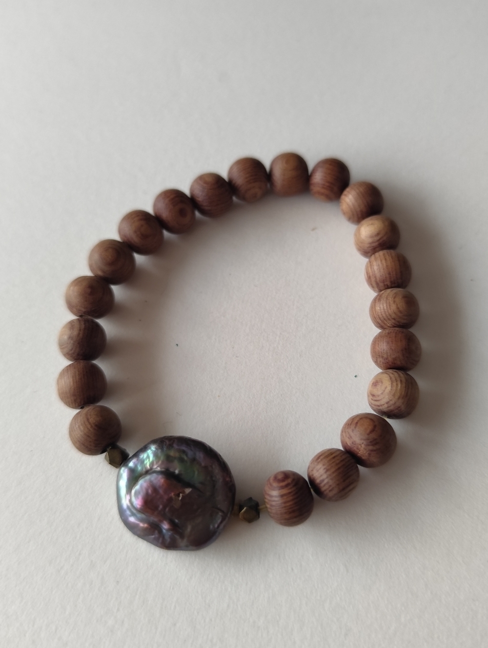 Natural Wood Bead Stretchable Bracelet with Iridescent Pearl Accent